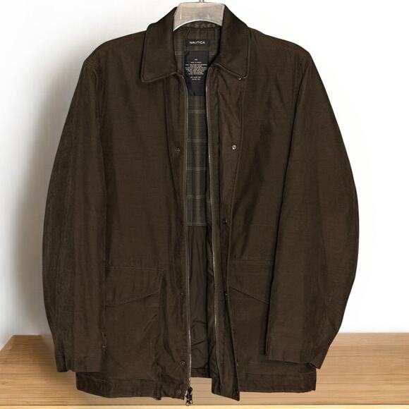 Vintage Nautica Waxed Field Coat Size M Brown Leather Collar Heritage Workwear - Picture 1 of 14